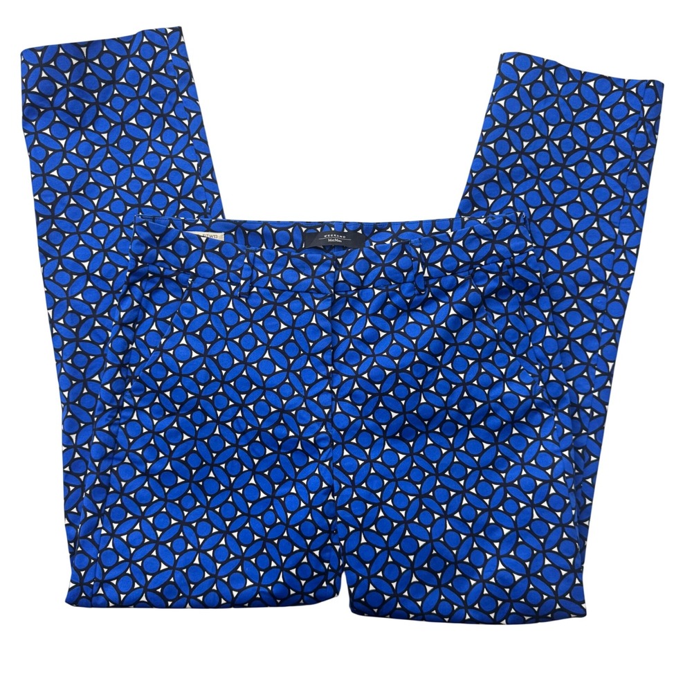 Max Mara Weekend Cigarette Pants 8 Blue Geometric Print Stretch Straight Midrise